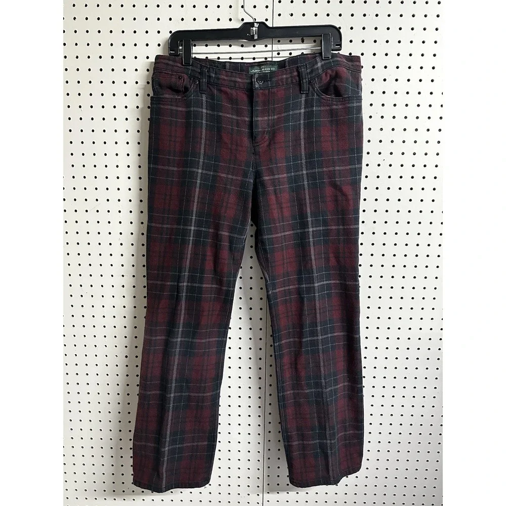 Lauren Ralph Lauren Red Plaid Flannel Pants‎ Womens 14P 34x28 Red Stretch Jeans